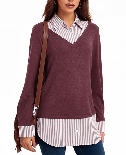 Image of Oyamiki Women's Casual Collared Curved Hem 2 in 1 Pullover Tops Plaid Contrast Shirt Blouse