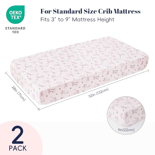 Image of PHF Soft Crib Sheet Fitted, 2 Pack Baby Sheets for Girls, 28x52x9 in Fits Standard Crib and Toddler Mattresses, Silky Comfy Breathable Polyester Baby Mattress Sheets, Rabbit & Floral