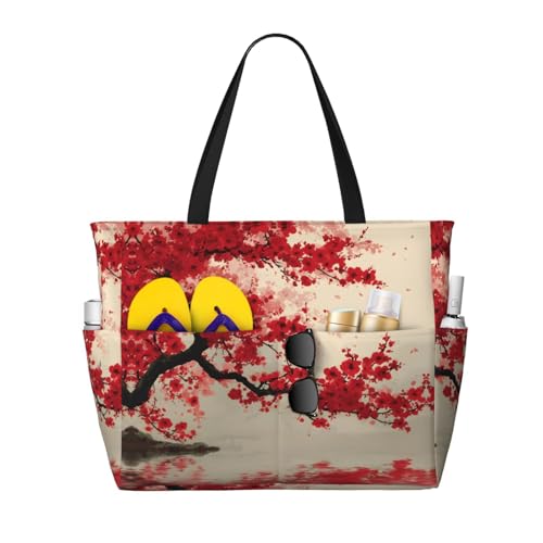 Sac fourre-tout de plage imperméable fleurs de cerisier grand format zippé pour femme