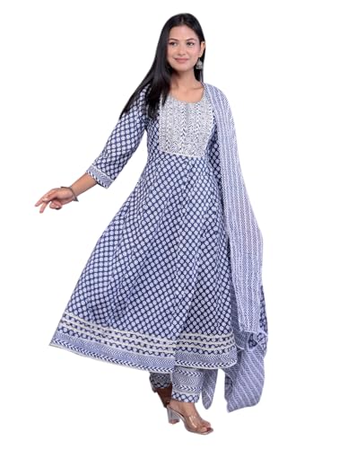 Image of Queens World Women's Anarkali Pure Cotton Floral Printed Kurta Pant Set With Dupatta (M To 2XL- Size)