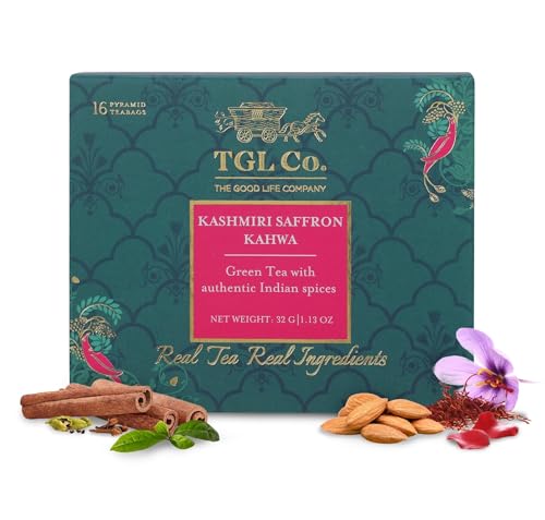 Image of TGL Co. The Good Life Company Kashmiri Saffron Kahwa Retail Teabag Box (15 + 1 Teabags) Pouch, 32 g