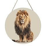 Woshuwo Letrero de bienvenida de madera con león sentado y mirando hacia adelante para puerta delantera, 30 cm, placa redonda para colgar en la pared, decoración de casa de campo