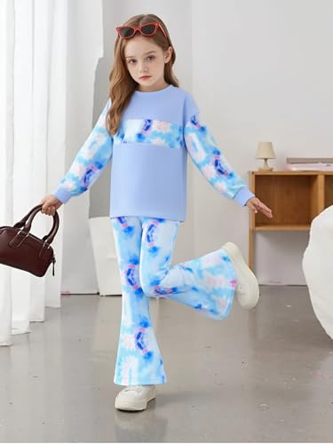 Image of OLMRJKD Girls 2 Piece Outfits Long Sleeve Letter Printed Sweatshirt & Flared Pants Fall Clothing Set Size 7-14 Years