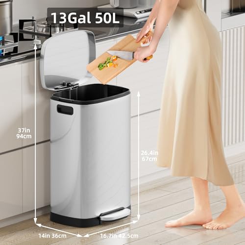 Image of KUK 13 Gallon /50L Stainless Steel Kitchen Trash Can with Lid and Step Pedal-Large Capacity Garbage Bin with Odor Seal, Silent Close Lid, Removable Inner Bucket for Home, Kitchen, Bedroom, Office