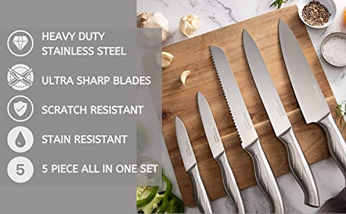 Nuovva Sharp Kitchen Knife Set - Professional Kitchen Knives - 5 Pieces Stainless Steel Blades With Gift Box - Includes Chefs, Bread, Carving, Utility And Paring Knife #TOP6