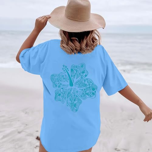 Image of Hawaiian T Shirts for Women Oversized Aesthetic Hibiscus Flower Beach Shirt Teens Preppy Tropical Graphic Tee Tops