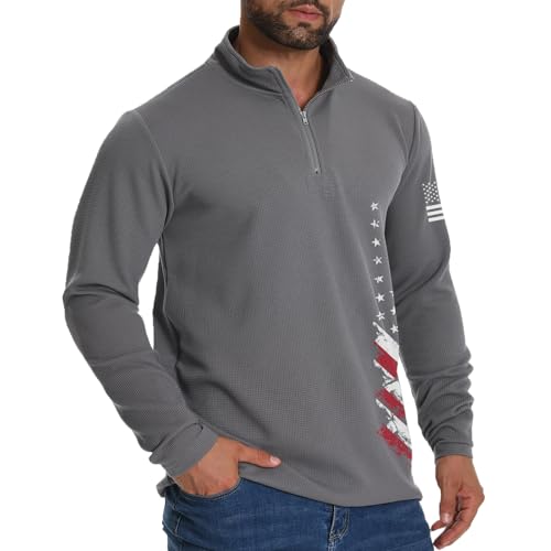 H HYFOL Mens Sweatshirt Waffle American Flag USA Patriotic Graphic Quarter Zip Stand Collar Casual Pullover3