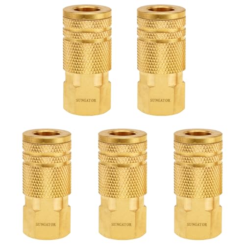 SUNGATOR 5 Pack 3/8'' Female NPT to 1/4'' Flow Hole Industrial Air Couplers, Brass 3/8'' FNPT Thread Air Hose Fittings, M-Style Pneumatic Air Couplers, 3/8 Inch Quick Connect Air Fittings