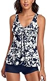 Omichic Women's Modest Tankini Two Piece Tank Top shorts Tummy Control Swimsuit, Navy & White Floral