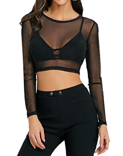 ADOME Women's Crop Mesh Tops for Women Long Sleeve Mesh Crop Top Black XXL