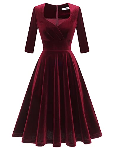 Bbonlinedress Womens Velvet Long Sleeve Formal Wedding Guest Vintage Cocktail Holiday Party Midi Dress3