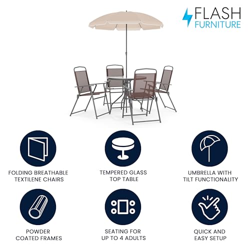 Image of Flash Furniture Nantucket 6-Piece Patio Dining Set with Glass Table, 4 Folding Chairs, and Umbrella, Outdoor Patio Set, Brown