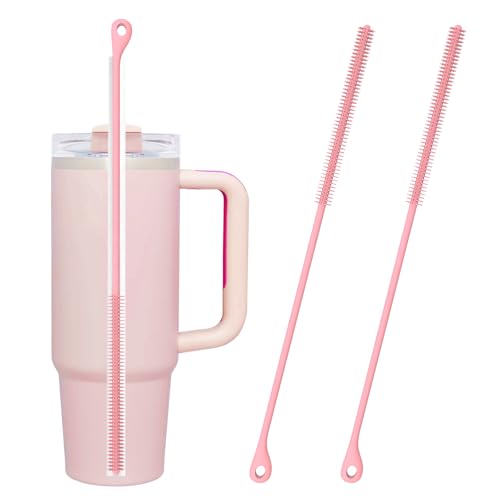 Wanheart 2 Pcs Silicone Straw Cleaner Brush Extra-Long Handled with Hanging Loop Straws Cleaner Brush for Washing Stanley Straw Narrow Neck Water Bottles Jars Teapot Spout (Pink)