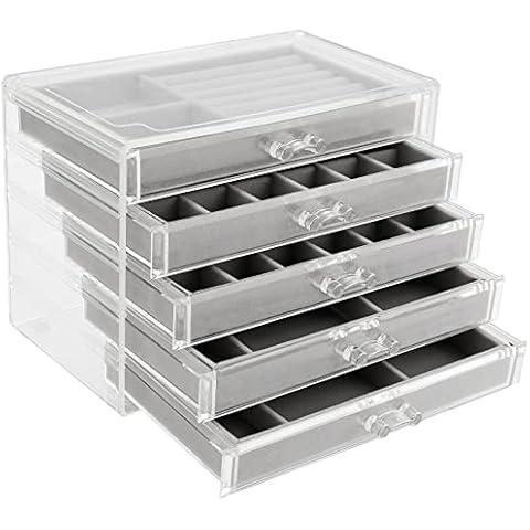 ZEONHEI 5 Drawers Clear Acrylic Jewellery Storage Organiser Box, Adjustable Velvet Jewellery Earring Rings Necklaces Bracelet Display Holder Case for Women Ladies Girls Gift, 9.3x5.4x6.8 Inch Cover