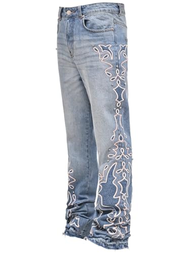 crazynekos Men's Ripped Slim Fit Straight Leg Jean Pearl Patch Denim Pant Baggy Trousers with Pockets4