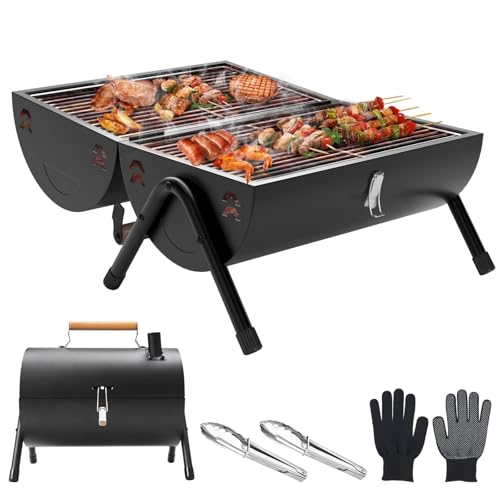 Przenośny grill na węgiel drzewny, z kominem, klipsy, rękawiczki, dwustronne miejsce do grillowania, mini grill na węgiel drzewny, na zewnątrz, kemping, przyjęcie na podwórku