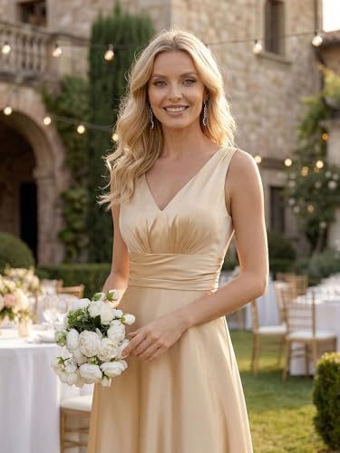 Image of Ever-Pretty Women's Summer Satin V Neck Formal Wedding Guest Dress Floor Length Empire Waist Bridesmaid Dresses with Pockets