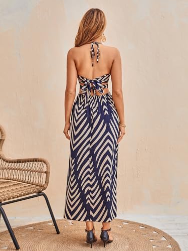 Image of SweatyRocks Women's High Split Tie Backless Cut Out Halter Maxi Dresses Boho Vacation Long Dress
