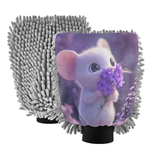 STAYTOP Cute White Mouse Car Wash Mitt Microfiber, 2Pcs Scratch Free Lint-Free, Premium Chenille Microfiber Mitt Car Wash Brush-M