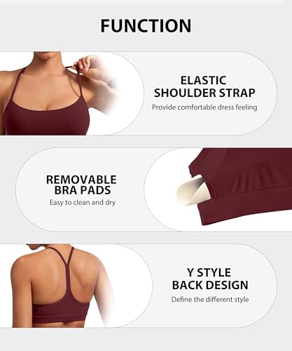Image of Padded Y-Back Sports Bra for Women - Racerback Low Impact Spaghetti Strap for Yoga Workout Top Burgundy
