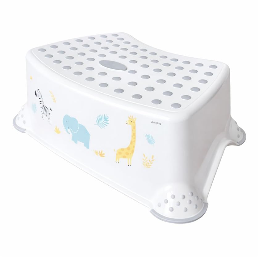 KiNDERWELT Premium Tritthocker für Kinder und Babys, Tier Design in weiß, Tritthocker Stufe für Kleinkinder ab 18 Monaten, abwischbar, rutschfest und BPA-frei
