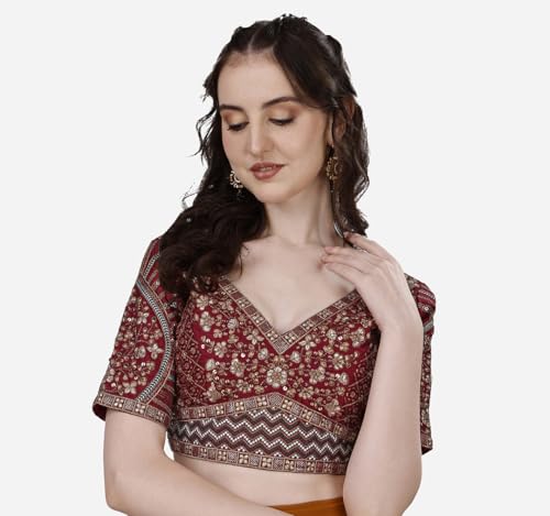 Image of Pujia Mills Mills Women's Fancy Readymade Heavy Coding Embroidary Worked Half Sleeve Multicolor Saree Blouse(Mushroom)
