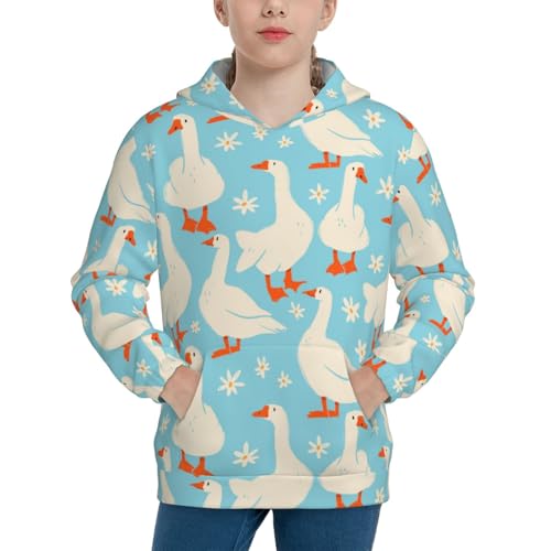 White Geese and Flower Kid Hoodies Boys Sweatshirts Girls Pullover with Pocket