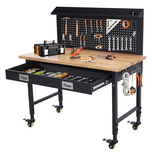 GarveeTech Adjustable Workbench for Garage, 48 in Rubber Wood Top Workbench With Drawer Storage Pegboard, 2000 LBS Load Capacity, Heavy Duty Workstation With Power Outlets & Wheels, Tool Storage Bench