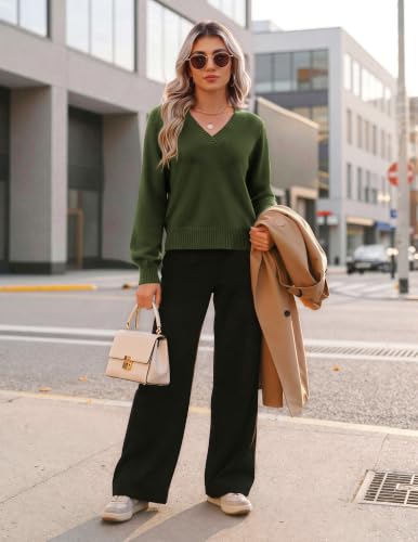 Zeagoo Womens Sweaters 2026 Fall V Neck Cropped Sweater Trendy Long Latern Sleeve Ribbed Knit Pullover Tops Army Green - image 6