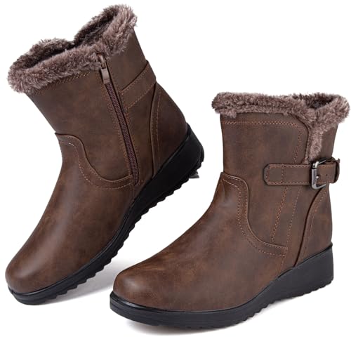 Womens Snow Boots with Zipper Waterproof Leather Fur Lined Winter Warm Boots for Women Comfortable Platform Fashion Ankle Booties
