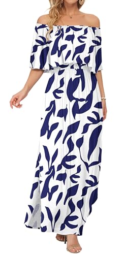 Image of AUSELILY Womens Off Shoulder Ruffle Split Summer Maxi Dresses with Pockets | Off-shoulder Ruffle dress with empire waist & side split for summer beach and casual parties