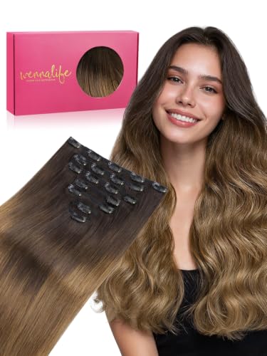 WENNALIFE Clip in Hair Extensions Real Human Hair, 22 Inch 200g 9pcs Ombre Dark Brown to Light Chestnut Brown Fuller Hair Extensions Remy Hair Clip Ins, Soft Blendable Reusable &amp; Heat Friendly