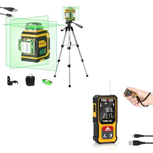 PREXISO 135Ft Rechargeable Mini Laser Measurement Tool & PREXISO Laser Level 3 X 360° with Tripod, Rechargeable Cross Line Leveler, Green Line Laser Level Self Leveling