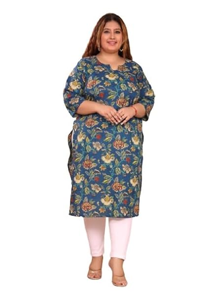 Women Printed Pure Cotton Blue Plus Size Straight Kurta