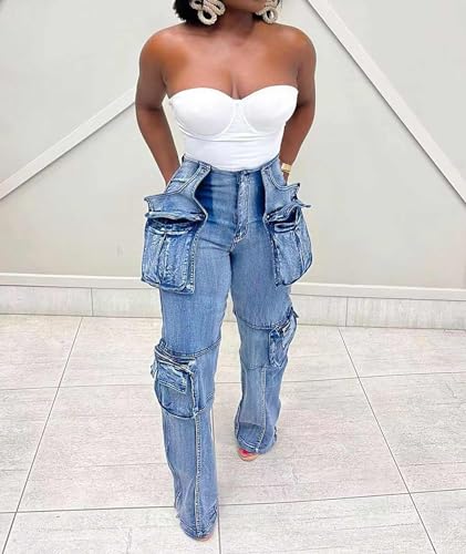 SEMATOMALA Women's Baggy Jeans Cargo Pants Y2K Straight Wide Leg Denim Pants with Flap Pockets Streetwear2
