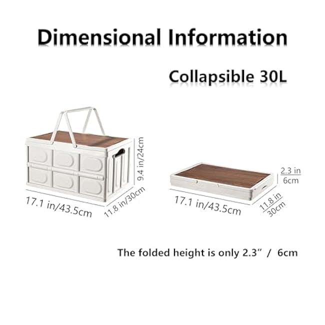 VPTMRP Collapsible Storage Bin with Handles and Wooden Lid, Large Capacity Stackable Utility Crates Holds 33lbs for Outdoor Home Storage Organizing Moving (30L/7.9Gal)