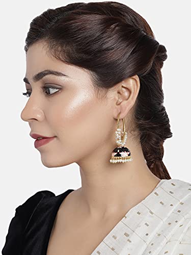 I Jewels 18K Gold Plated Black Meenakari Jhumki Earrings - Image 3