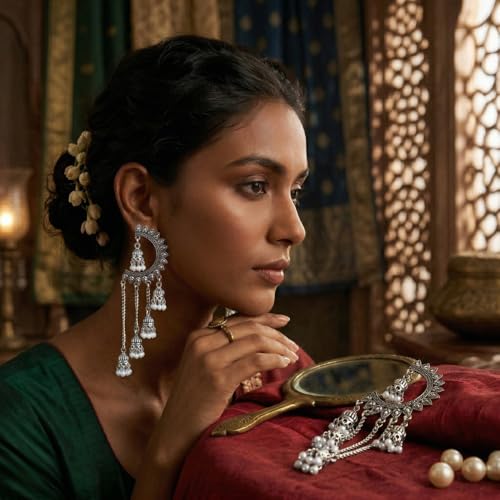 Image of WORLD CRAZE Multicolour long kashmiri jhumka for women chandbali earrings chand baliyan | kashmiri earrings for women | bahubali earrings stylish | Traditional Indian Festive Jewelry | Long Chain Tassels | Pearl Drop Latkan Jewellery (Multi colour)