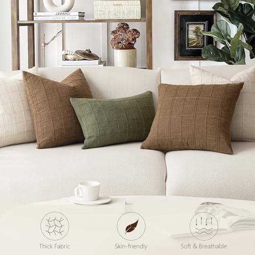 Image of Foindtower Set of 2 Decorative Linen Check Throw Pillow Covers Neutral Farmhouse Vintage Cushion Covers Modern Boho Home Decor for Sofa Chair Couch Bedroom Living Room,24x24 Inch,Natural Beige