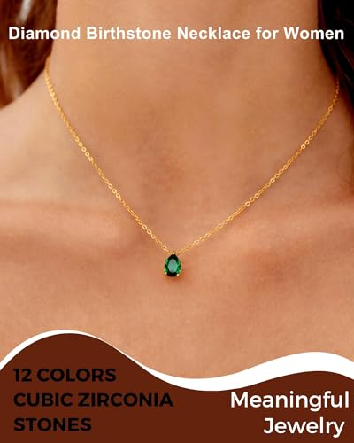 18K Gold Plated Birthstone Necklace for Women Dainty Diamond Teardrop Necklaces Emerald Green CZ Pendant Necklace Birthday Gift for Women Jewelry3