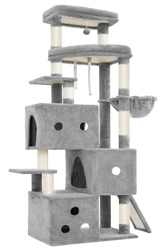 Image of Heybly Cat Tree, 74-Inch Streamlined Cat Tower for Large Cats HCT061W | Cat Furniture with 3-Tier Stacked Condos, Large Perch, Sturdy Base, Full Sisal Scratching Posts & Ramp, Light Gray