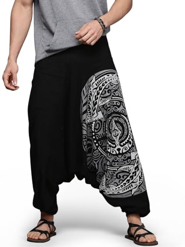 Boho Pants Elastic Ankle Harem for Men, Exercise Pajama Jogger Loose Boho Aladdin Pant, Trident Crest Black-Grey, One Size