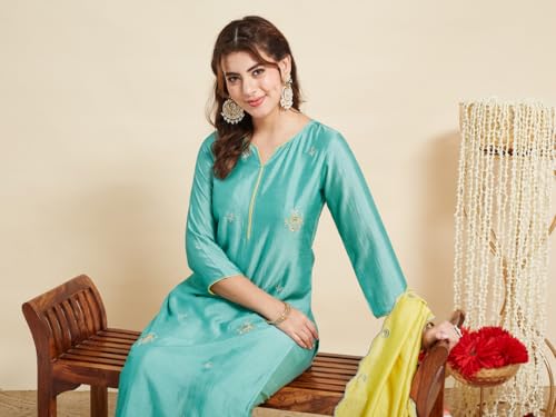Image of MOKOSH Women's Silk Embroidery Kurta Pant with Dupatta | Kurta Set | Sweetheart Neck | 3 Piece Outfit | 3 /4 Sleeve Ethnic Suit
