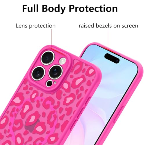 Image of KANGHAR Case for iPhone 16 Pro Max Hot Pink Leopard Printed Pattern | Cute Cheetah [Compatible with Magsafe] Protective Magnetic Case for Girls Women 6.9 inch