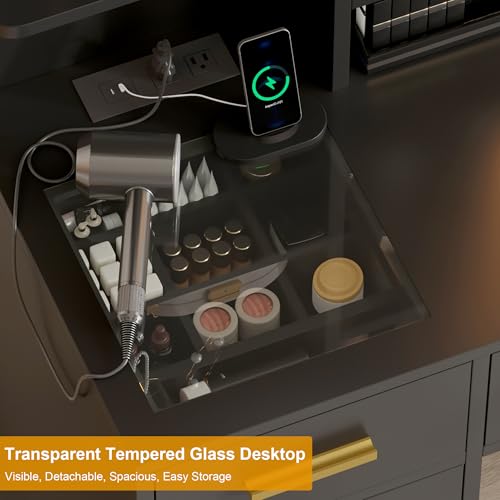 GarveeHome Makeup Vanity Desk, Vanity Desk with Lights in 3 Colors, Vanity Table with Charging Station, Visible Drawers, Black