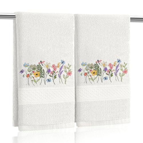 SmoothNovelty 2 Pcs Boho Floral Hand Towels Cream Bathroom Decor 14x29 Inch Embroidered 100% Cotton Soft Absorbent Spring Summer Decorative Hand Towels for Bathroom Kitchen