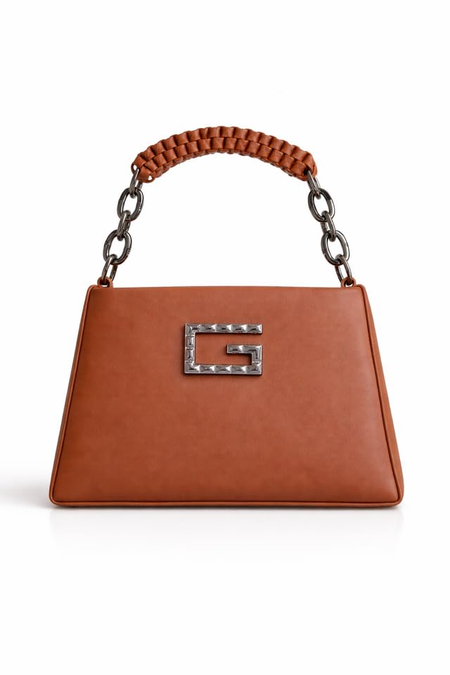 Women's Camel Brown Faux Leather Handbag | Premium Structured Shoulder Bag with Braided Top Handle & Metal Chain Strap-image-2