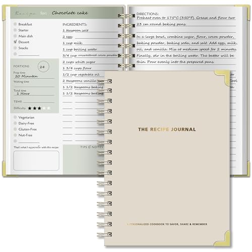 BIROYAL A5 Recipe Book for Own Recipes - Blank Recipe Journal for 100 Recipes 224 Pages Spiral Family Cooking Notebook to Organize Your Personalised Cookbook For Family & Cooking Lover