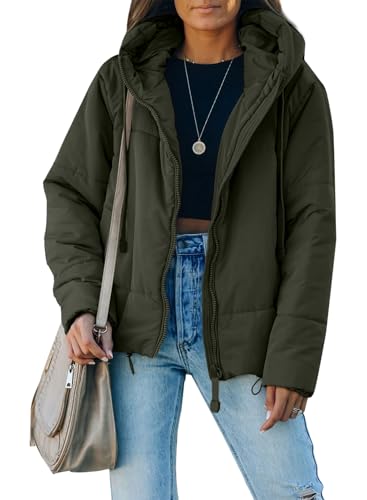 Dokotoo Womens Fashion Coats Oversized Windbreaker Full Zipper Front Drawstring Hooded Bomber Puffer Jacket Baggy Short Winter Clothing for Women Warm Soft Petite Outerwear with Pockets Green Small