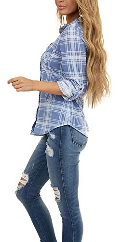 NUOREEL Women's Classic Plaid Shirt Button Down Shirts Roll Up Long Sleeve Cuffed Shirts3